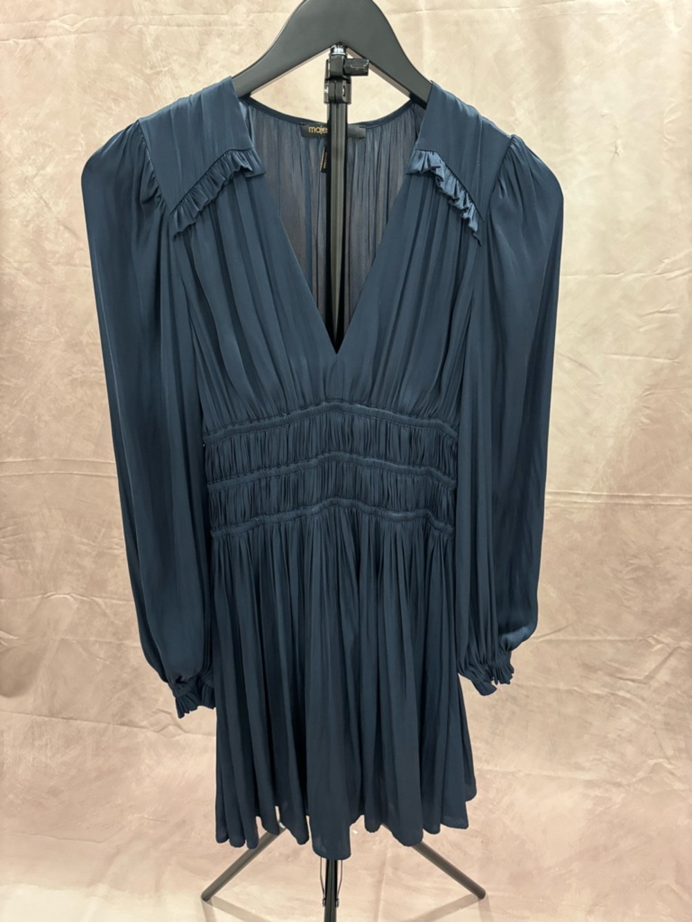 Maje Navy Blue V‑Neck Long‑Sleeve Smocked Mini Dress - Picture 5 of 9